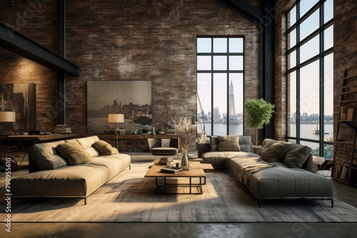 A Luxurious Loft Apartment Overlooking the Bustling City, with Modern Furniture, Exposed Brick Walls, and Floor-to-Ceiling Windows