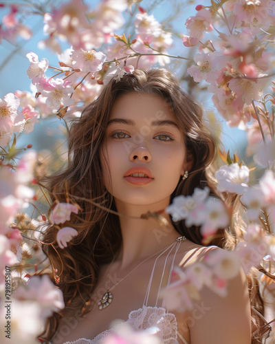 Serene portrait of a young woman surrounded by wildflowers at sunset, clean skin , beauty shot in bucholic atmosphere photo