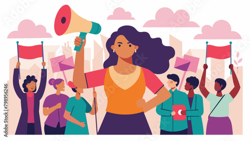 A woman with a megaphone leading a protest march with banners and signs in the background showcasing various community award categories for activism.. Vector illustration