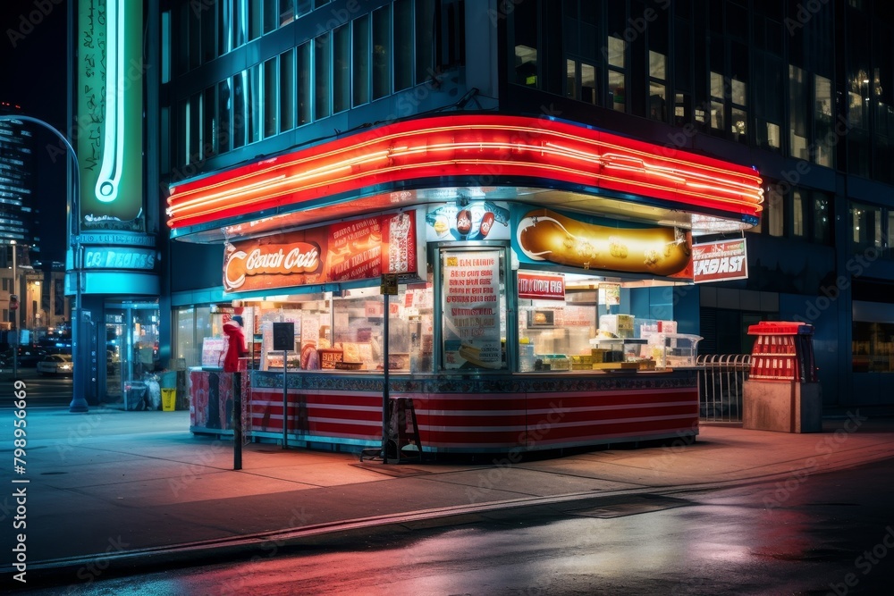 A Vibrant Hot Dog Stand Nestled Amongst the Bustling Cityscape, Illuminated by Neon Lights and Surrounded by Skyscrapers
