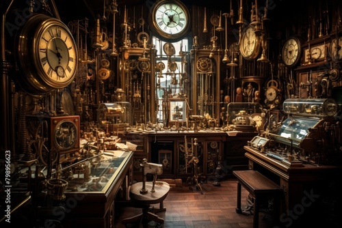 A Vintage Watch Repair Shop with Elegant Interior Designs, Showcasing an Array of Antique Timepieces and Intricate Clockwork Mechanisms