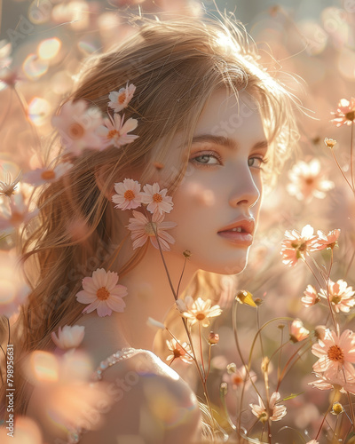 Serene portrait of a young woman surrounded by wildflowers at sunset, clean skin , beauty shot in bucholic atmosphere photo