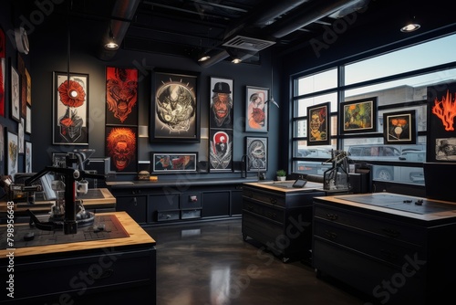 A Vibrant Tattoo Studio Interior Showcasing a Wall Full of Artist Portfolios and Intricate Designs