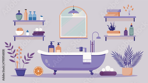 A vintageinspired bath setup with a clawfoot tub framed by a wreath of dried lavender and shelves of essential oils and plantbased skincare products..