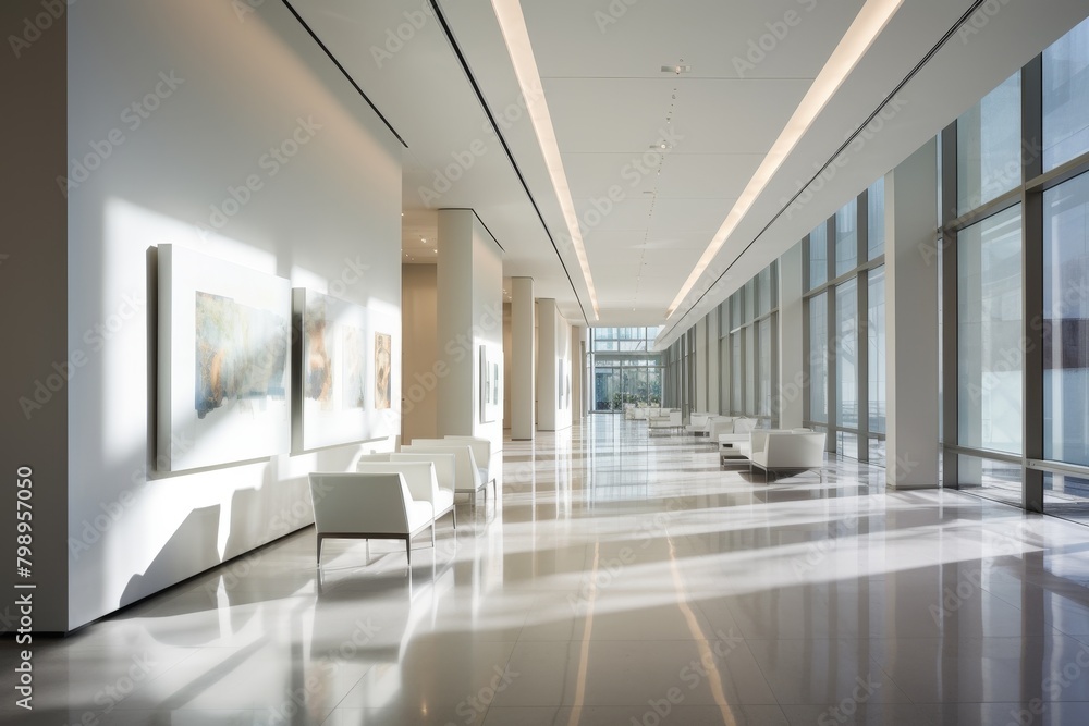 Fototapeta premium A Long, Pearl-White Office Hallway Illuminated by Soft, Natural Light with Sleek Modern Furniture and Abstract Artwork on the Walls