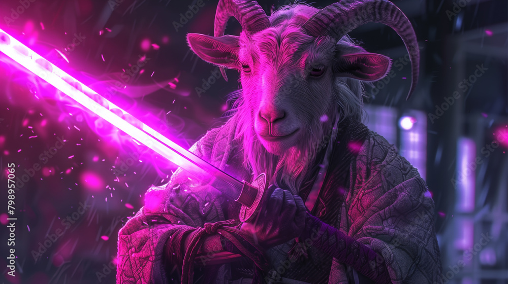 goat with a neon sword in his hands