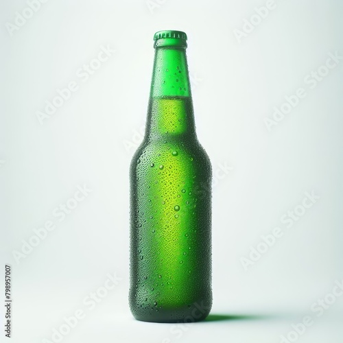 Green beer bottle with condensation drops on white background, Generative Ai.