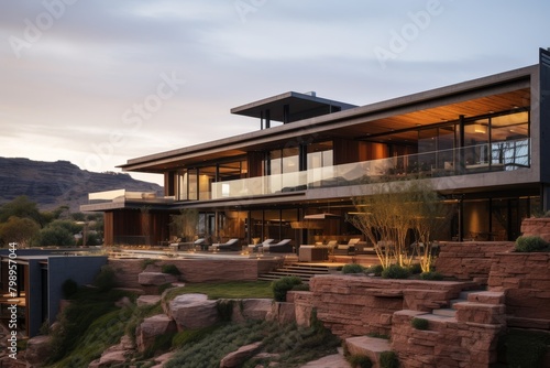A Unique Mountain-Inspired Stepped Residential Design with Terraced Levels, Blending Seamlessly with the Surrounding Landscape © aicandy