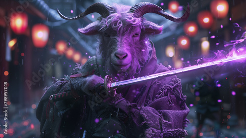 goat with a neon sword in his hands photo