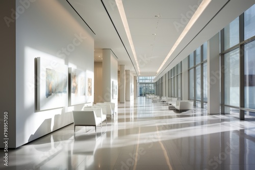 A Long  Pearl-White Office Hallway Illuminated by Soft  Natural Light with Sleek Modern Furniture and Abstract Artwork on the Walls