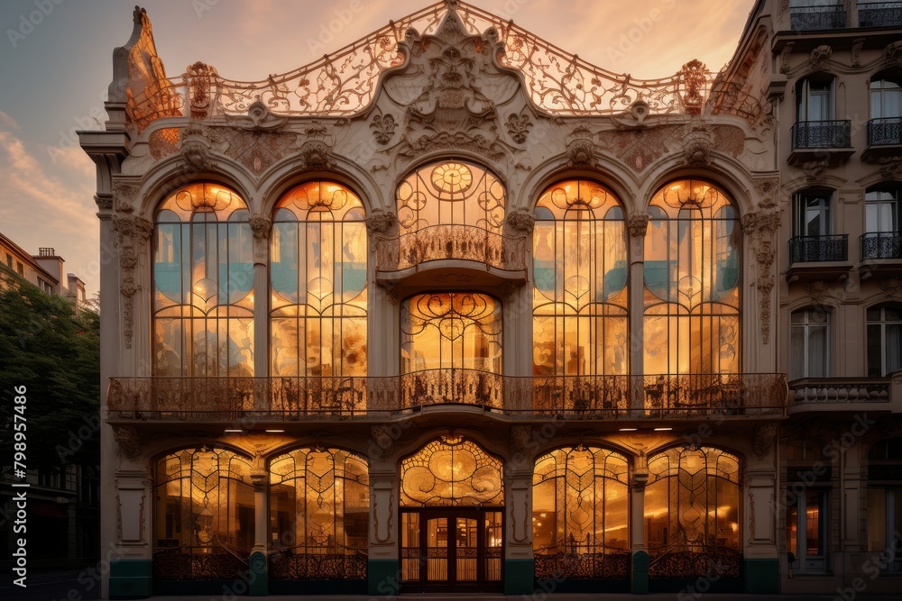 A Majestic Art Nouveau Building Facade at Sunset, with Intricate Floral Motifs and Stained Glass Windows Reflecting the Warm Glow