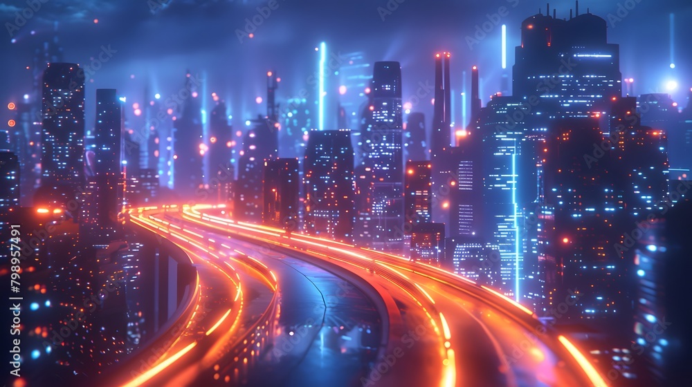 Fototapeta premium Futuristic neon lights craft a vivid tapestry of motion, with elevated highways weaving through a dynamic cityscape under a starlit sky.
