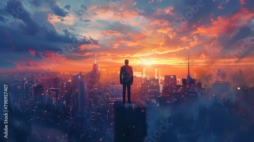Silhouetted against the vibrant glow of sunset, a man stands atop a skyscraper, contemplating the sprawling cityscape as day gives way to night.