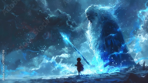 In a snowy nocturnal realm, a brave child wielding a spear confronts a towering ice giant, whose presence is as ancient as the stars twinkling overhead. photo