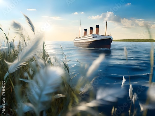 Fields of grass on the titanic boat adorned with marvelous mystery, featuring bird feathers, intricate patterns, and delicate swaying. Sunlight shines from the left, creating a stunningly realistic an photo