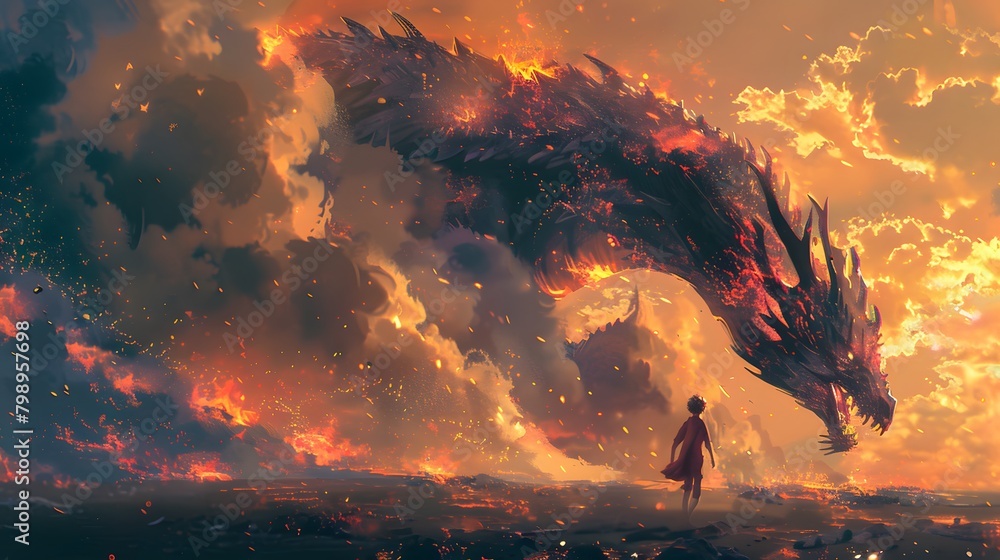 A fearless woman in a gown faces a fiery dragon unleashing a blaze in a dramatic fantasy scene, Digital art style, illustration painting. A fearless woman in a gown faces a fiery dragon unleashing a blaze in a dramatic fantasy scene, Digital art style, illustration painting.