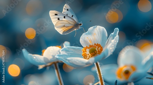 A gentle butterfly sits atop the vibrant center of a white daisy, with a bokeh of light creating a dreamy backdrop that enhances this serene moment.