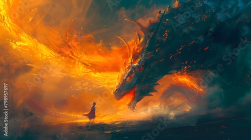 A fearless woman in a gown faces a fiery dragon unleashing a blaze in a dramatic fantasy scene, Digital art style, illustration painting.