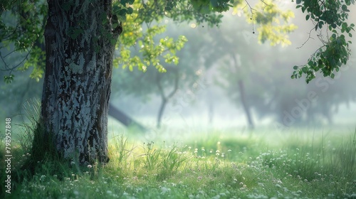 The misty background and grass are visible while the tree trunk is blurred