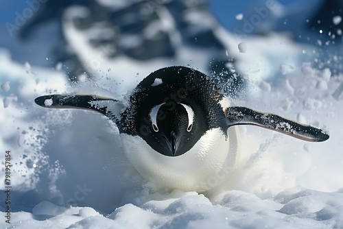 Generative AI : a penguin sliding on its belly down a snowy slope,