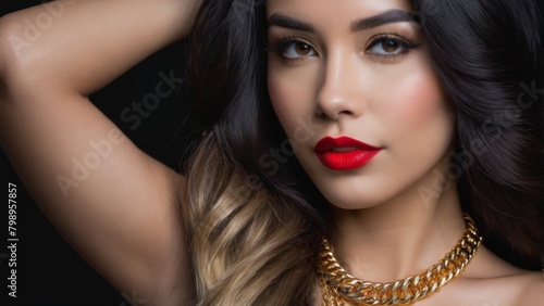 Promotional photo of lipstick. Girl, red lips, long dark hair, dark background.
