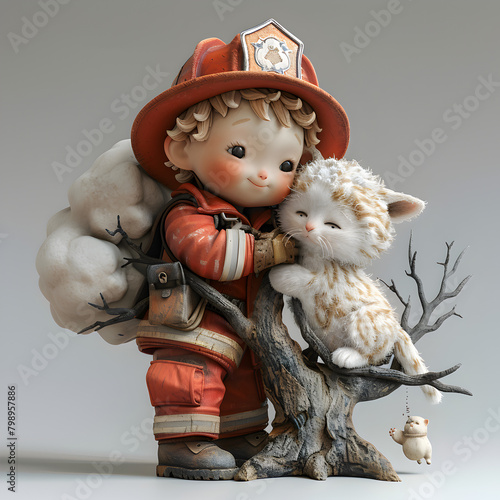 A 3D animated cartoon render of a sheep firefighter rescuing a kitten from a tree.