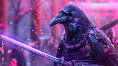 Samura raven with a neon sword in his hands photo