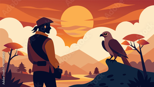 With the sun setting in the distance a falconer watches proudly as his falcon returns from its flight a successful hunt providing a sense of. Vector illustration