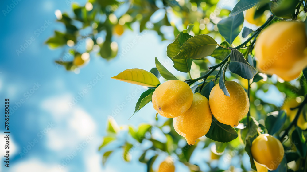 Bright ripe lemons on the tree on the blue sky background