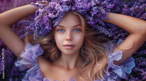 A woman in a purple dress is laying in a field of lavender flowers. The scene is serene and peaceful  with the woman appearing to be lost in thought