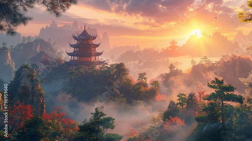 beautiful landscape of a Chinese temple in the middle of the forest.