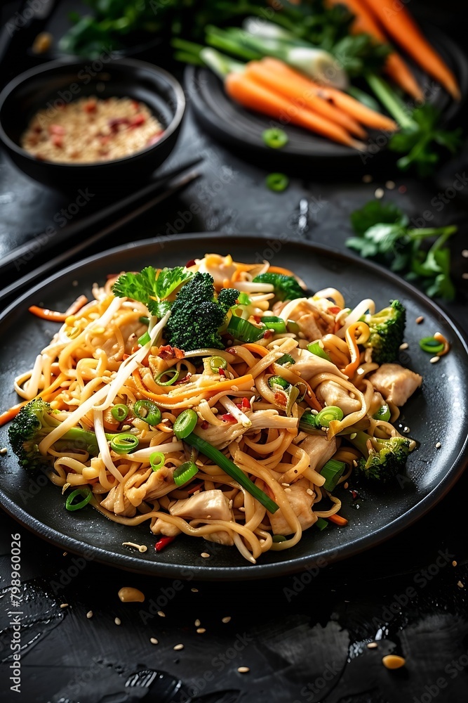 Generative AI : plate of stir-fried asian bright rice band noodles with cooke shredded chicken Generative AI : plate of stir-fried asian bright rice band noodles with cooke shredded chicken
