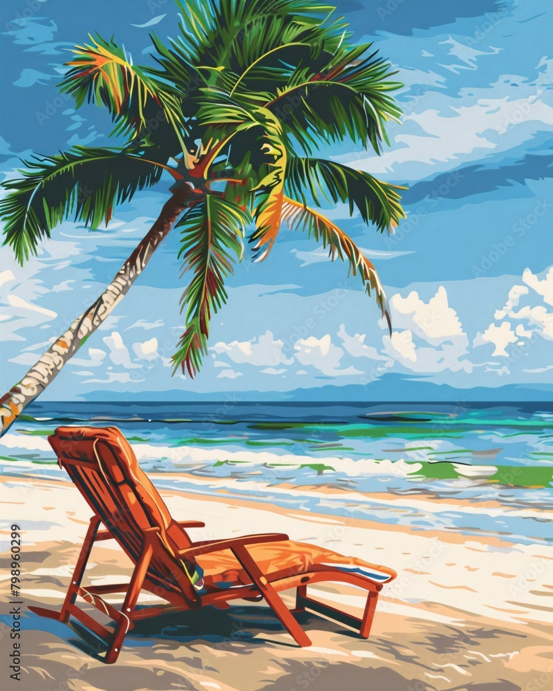 drawing of beach chair on tropical beach 