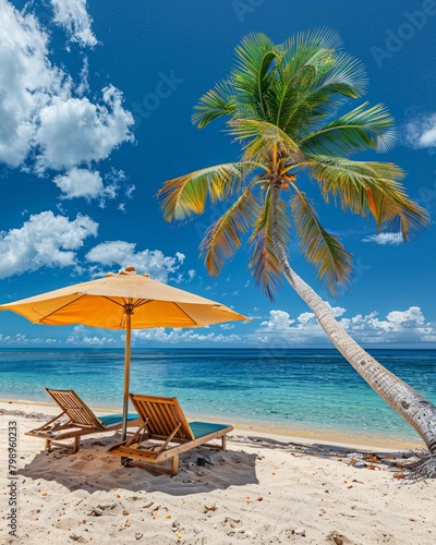 two lounge chairs on tropical beach