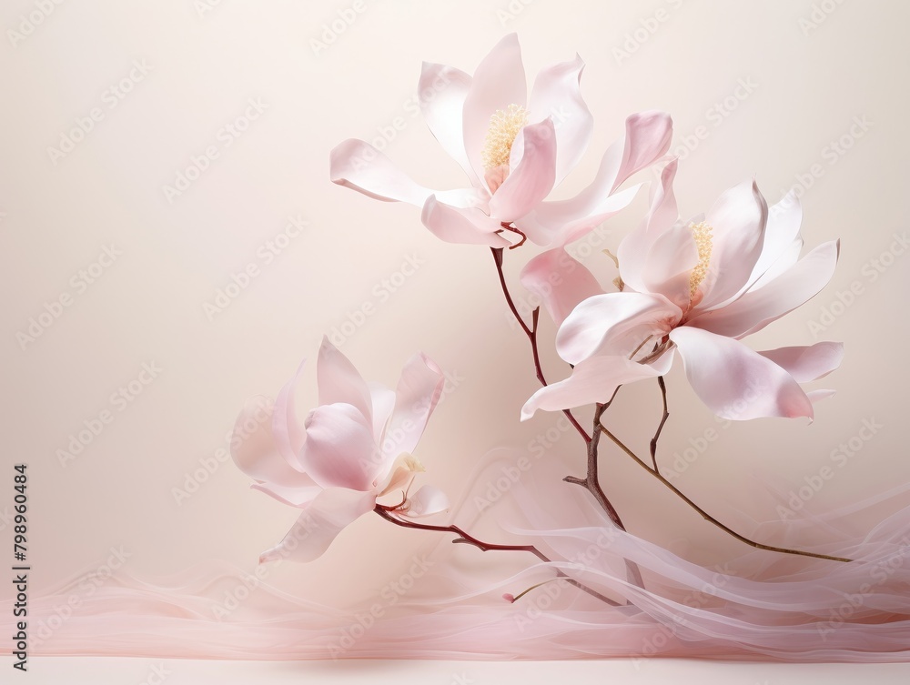 Light pink magnolia flowers on a beige background. The petals are soft and delicate, and the image has a dreamy, ethereal quality.