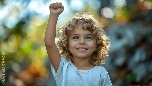 Triumphant Child Raising Fist in Victory Stand. Concept Children s Portraits  Victory Pose  Empowerment  Celebratory Gesture  Anticipation of Success