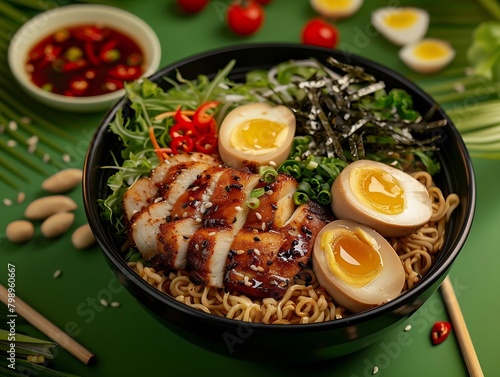 Generative AI : healthy ramen food, green background, healthy dinner in black plastic round box