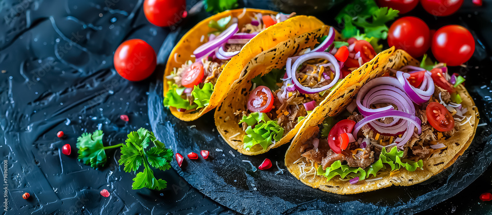 Mexican-inspired dish Tacos consist of corn or flour tortillas filled with various ingredients such as seasoned meat such as beef, chicken, or pork, lettuce, cheese, salsa, and sour cream 