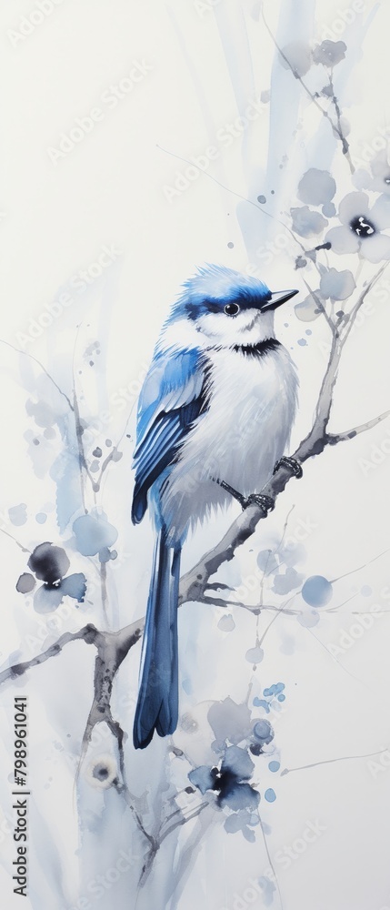 A watercolor painting of a small blue bird sitting on a branch with white and blue flowers. A watercolor painting of a small blue bird sitting on a branch with white and blue flowers.