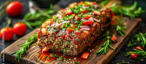 A classic American dinner dish, meatloaf is made from ground meat commonly beef or a mixture of beef and pork mixed with breadcrumbs, onions, eggs, and seasonings, then shaped into a loaf and baked photo