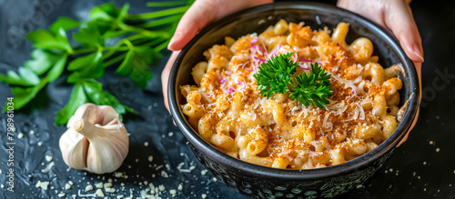 macaroni and cheese is a creamy and cheesy pasta dish made with elbow macaroni and a blend of melted cheeses such as cheddar, mozzarella, and American cheese  photo