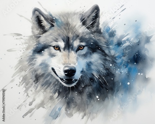 A watercolor painting of a wolf with a light blue background. The wolf is looking at the viewer with a slight smile on its face.