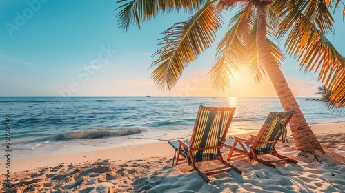 two lounge chairs on tropical beach © Spyrydon