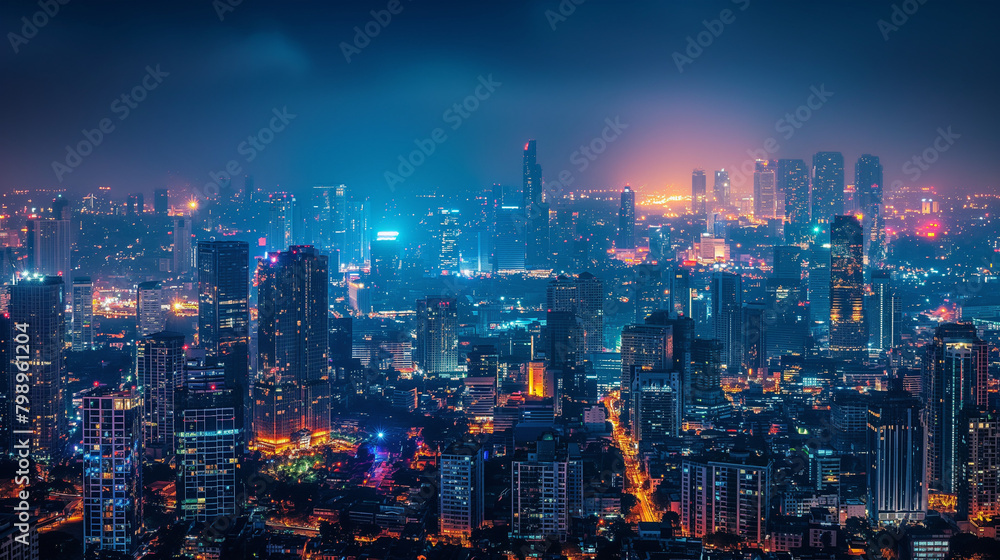 Wireless network and Connection technology concept with Bangkok city background at night in Thailand, panorama view.