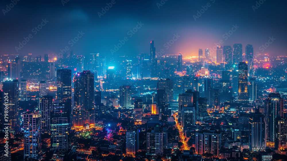 Wireless network and Connection technology concept with Bangkok city background at night in Thailand, panorama view. Wireless network and Connection technology concept with Bangkok city background at night in Thailand, panorama view.