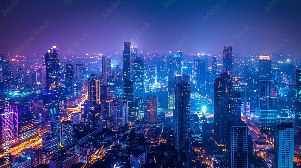 Wireless network and Connection technology concept with Bangkok city background at night in Thailand, panorama view.