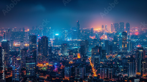 Wireless network and Connection technology concept with Bangkok city background at night in Thailand  panorama view.