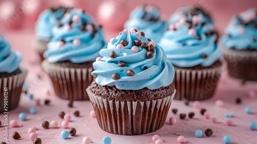 cupcakes with blue sour cream, made of dark chocolate and covered by thick chocolate sprinkles, smooth pink background