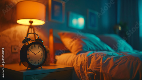 close-up of an alarm clock on a bedside table, its hands pointing to the early hours of the morning, serving as a reminder of the importance of time management photo