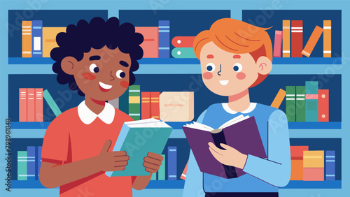 A young student eagerly shares their newly discovered literary treasures with a fellow bookloving classmate amid the quiet buzz of the library.. Vector illustration
